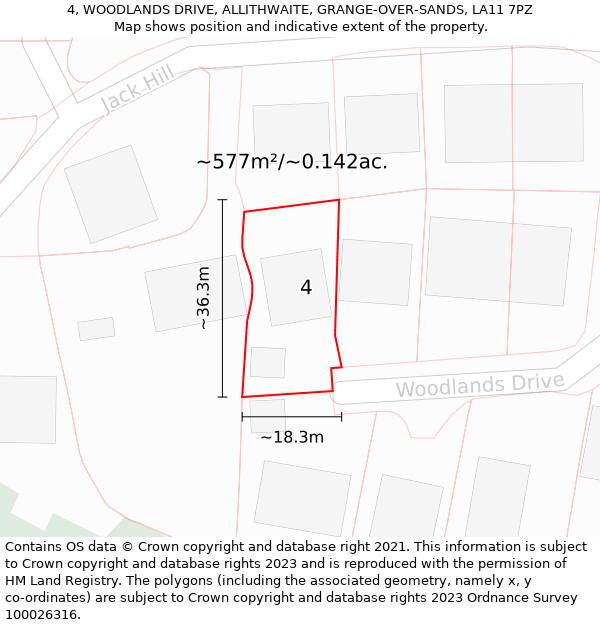 4, WOODLANDS DRIVE, ALLITHWAITE, GRANGE-OVER-SANDS, LA11 7PZ: Plot and title map