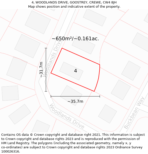 4, WOODLANDS DRIVE, GOOSTREY, CREWE, CW4 8JH: Plot and title map