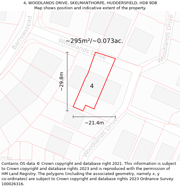 4, WOODLANDS DRIVE, SKELMANTHORPE, HUDDERSFIELD, HD8 9DB: Plot and title map