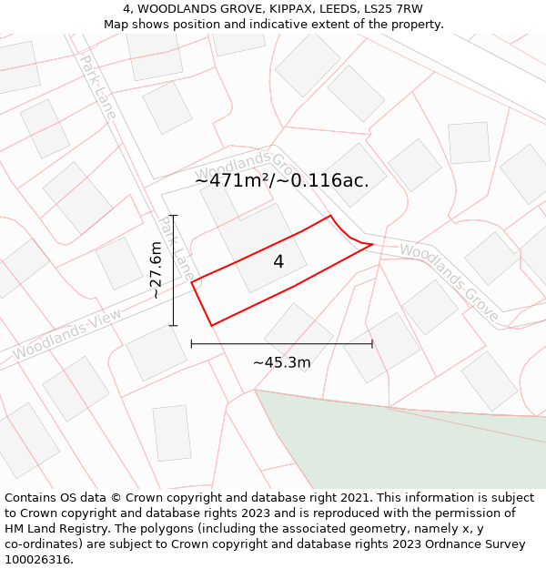 4, WOODLANDS GROVE, KIPPAX, LEEDS, LS25 7RW: Plot and title map