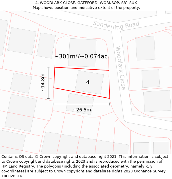 4, WOODLARK CLOSE, GATEFORD, WORKSOP, S81 8UX: Plot and title map