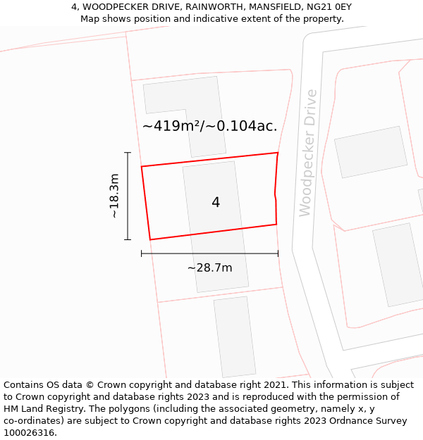 4, WOODPECKER DRIVE, RAINWORTH, MANSFIELD, NG21 0EY: Plot and title map