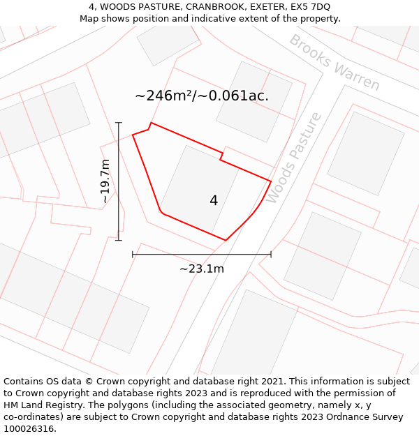 4, WOODS PASTURE, CRANBROOK, EXETER, EX5 7DQ: Plot and title map