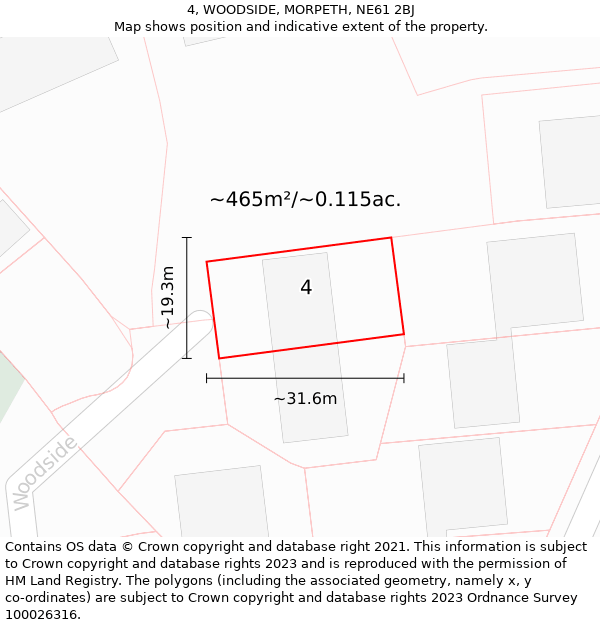 4, WOODSIDE, MORPETH, NE61 2BJ: Plot and title map