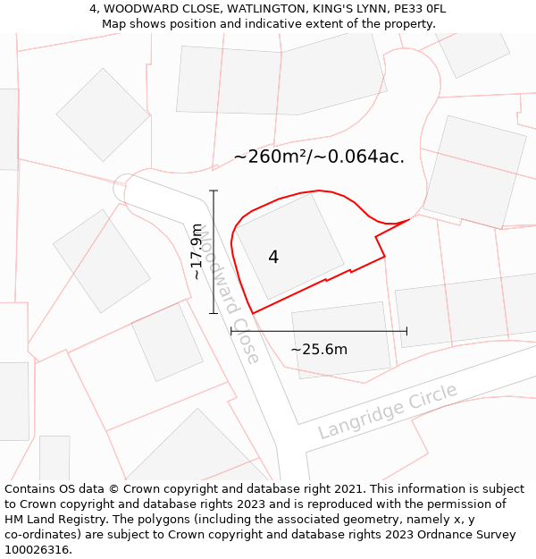 4, WOODWARD CLOSE, WATLINGTON, KING'S LYNN, PE33 0FL: Plot and title map