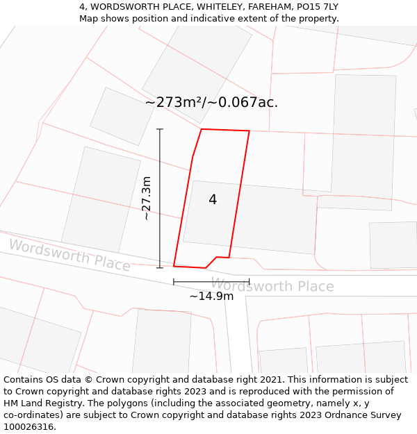 4, WORDSWORTH PLACE, WHITELEY, FAREHAM, PO15 7LY: Plot and title map