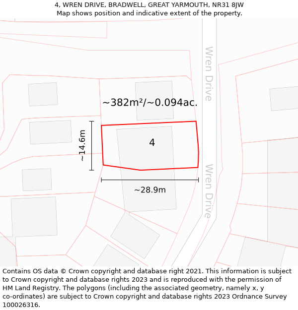 4, WREN DRIVE, BRADWELL, GREAT YARMOUTH, NR31 8JW: Plot and title map