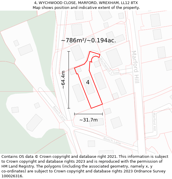 4, WYCHWOOD CLOSE, MARFORD, WREXHAM, LL12 8TX: Plot and title map