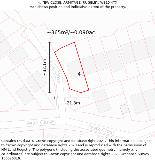 4, YEW CLOSE, ARMITAGE, RUGELEY, WS15 4TX: Plot and title map