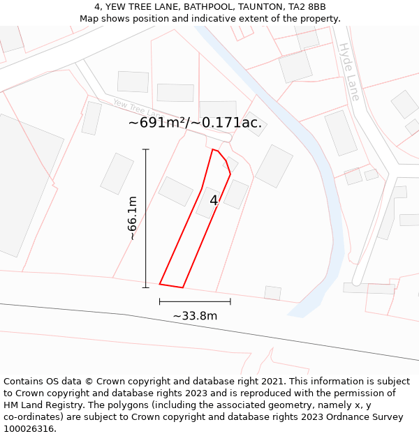 4, YEW TREE LANE, BATHPOOL, TAUNTON, TA2 8BB: Plot and title map