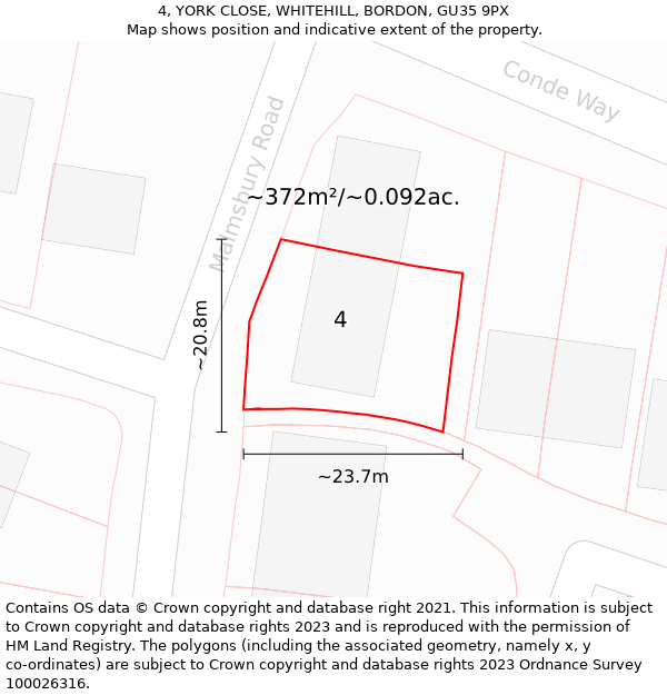 4, YORK CLOSE, WHITEHILL, BORDON, GU35 9PX: Plot and title map