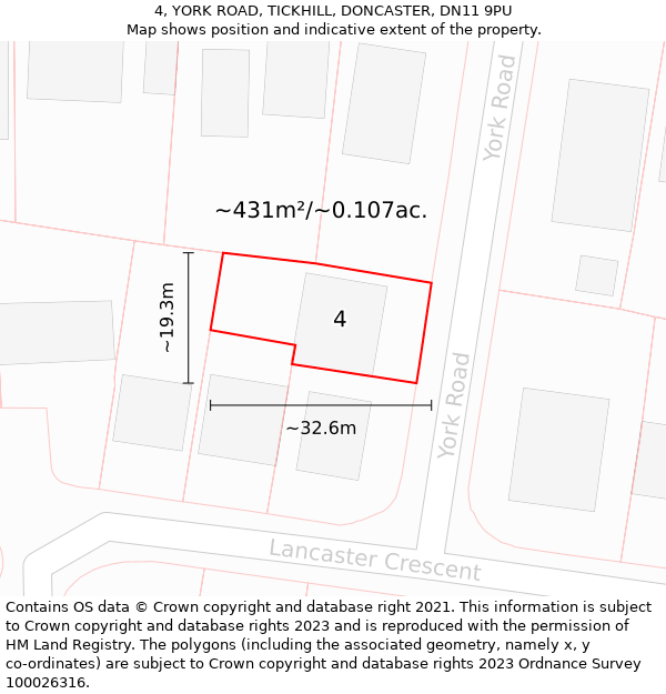 4, YORK ROAD, TICKHILL, DONCASTER, DN11 9PU: Plot and title map