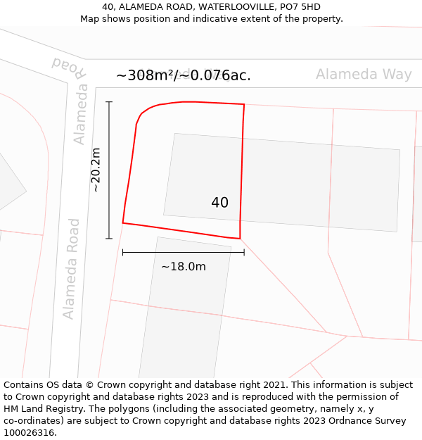 40, ALAMEDA ROAD, WATERLOOVILLE, PO7 5HD: Plot and title map