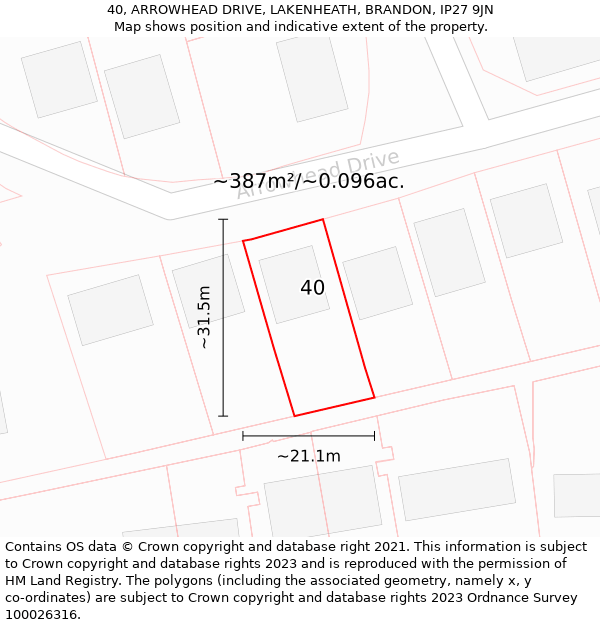 40, ARROWHEAD DRIVE, LAKENHEATH, BRANDON, IP27 9JN: Plot and title map