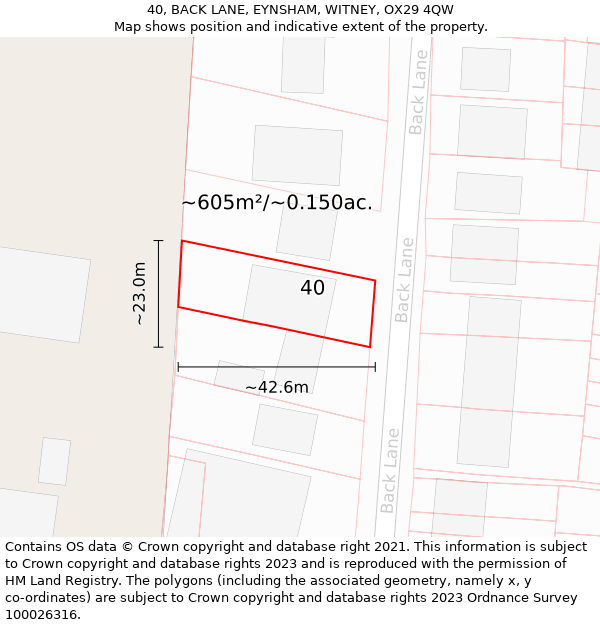 40, BACK LANE, EYNSHAM, WITNEY, OX29 4QW: Plot and title map