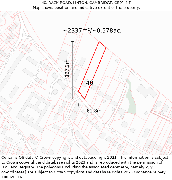 40, BACK ROAD, LINTON, CAMBRIDGE, CB21 4JF: Plot and title map