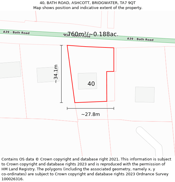 40, BATH ROAD, ASHCOTT, BRIDGWATER, TA7 9QT: Plot and title map