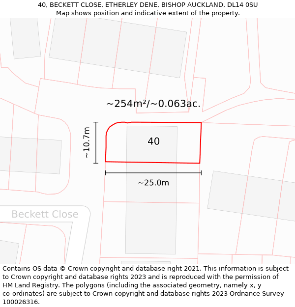 40, BECKETT CLOSE, ETHERLEY DENE, BISHOP AUCKLAND, DL14 0SU: Plot and title map