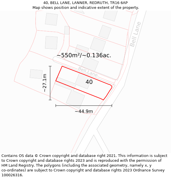 40, BELL LANE, LANNER, REDRUTH, TR16 6AP: Plot and title map