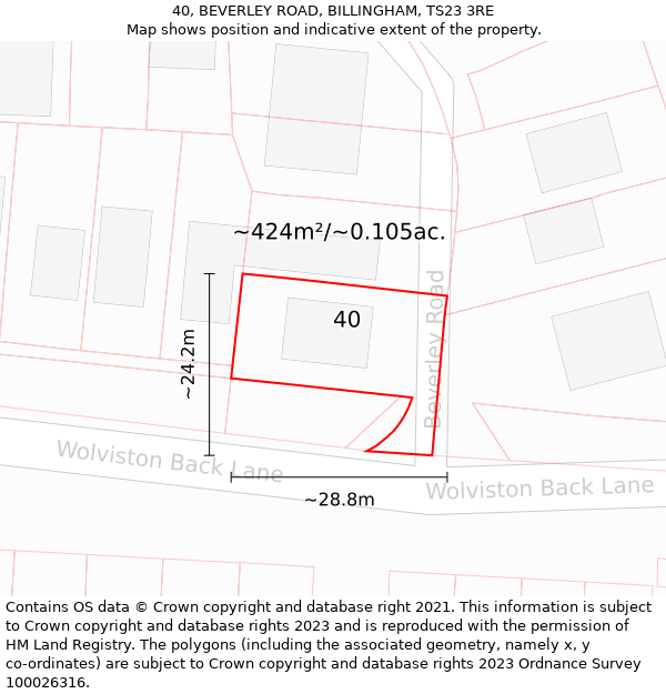 40, BEVERLEY ROAD, BILLINGHAM, TS23 3RE: Plot and title map