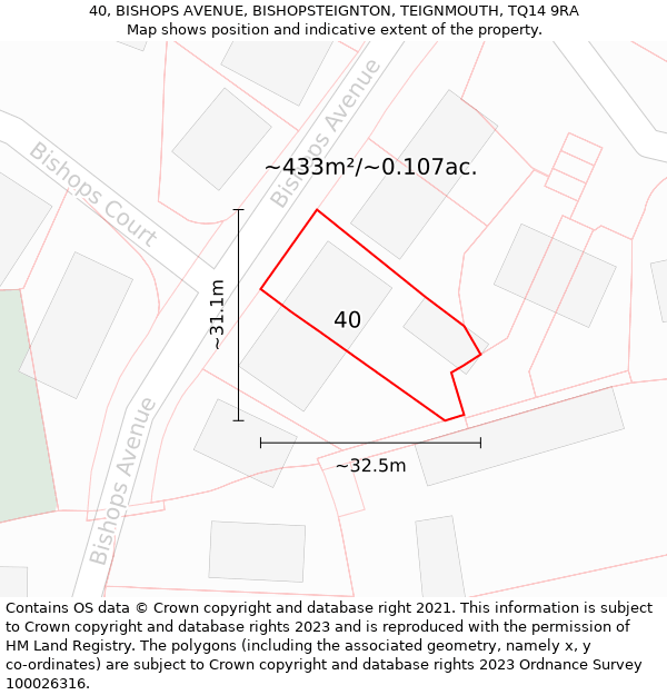 40, BISHOPS AVENUE, BISHOPSTEIGNTON, TEIGNMOUTH, TQ14 9RA: Plot and title map