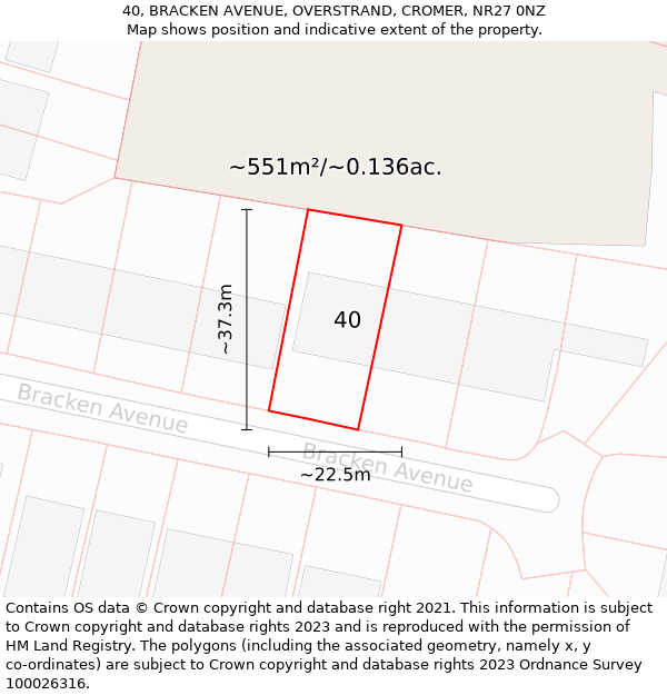 40, BRACKEN AVENUE, OVERSTRAND, CROMER, NR27 0NZ: Plot and title map