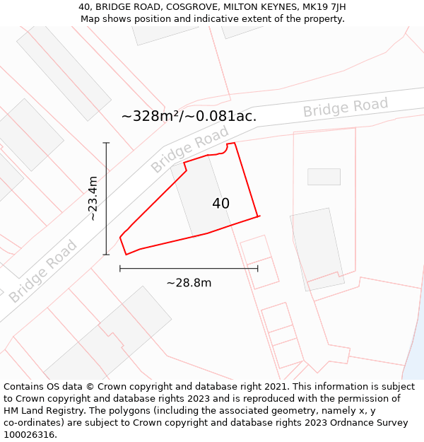 40, BRIDGE ROAD, COSGROVE, MILTON KEYNES, MK19 7JH: Plot and title map