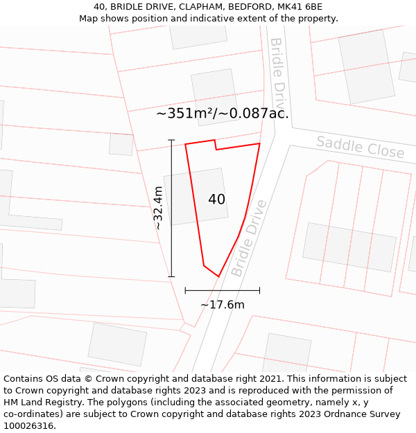 40, BRIDLE DRIVE, CLAPHAM, BEDFORD, MK41 6BE: Plot and title map