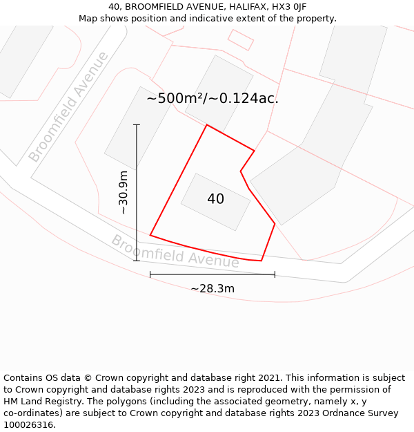 40, BROOMFIELD AVENUE, HALIFAX, HX3 0JF: Plot and title map