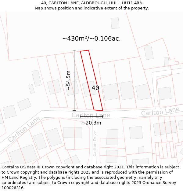 40, CARLTON LANE, ALDBROUGH, HULL, HU11 4RA: Plot and title map