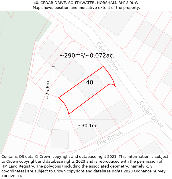 40, CEDAR DRIVE, SOUTHWATER, HORSHAM, RH13 9UW: Plot and title map