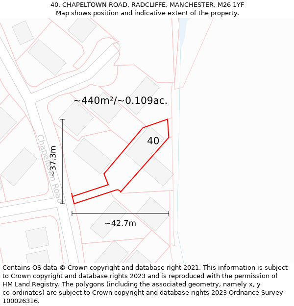 40, CHAPELTOWN ROAD, RADCLIFFE, MANCHESTER, M26 1YF: Plot and title map