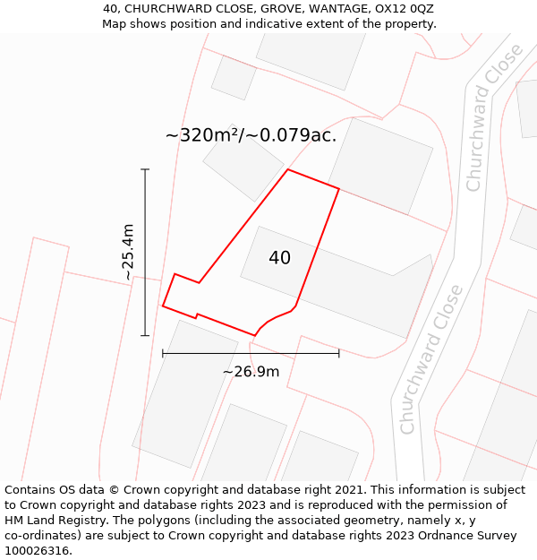 40, CHURCHWARD CLOSE, GROVE, WANTAGE, OX12 0QZ: Plot and title map