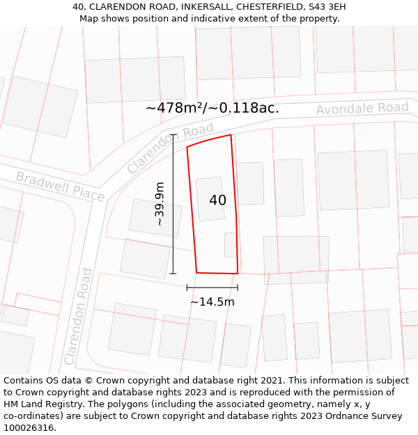 40, CLARENDON ROAD, INKERSALL, CHESTERFIELD, S43 3EH: Plot and title map