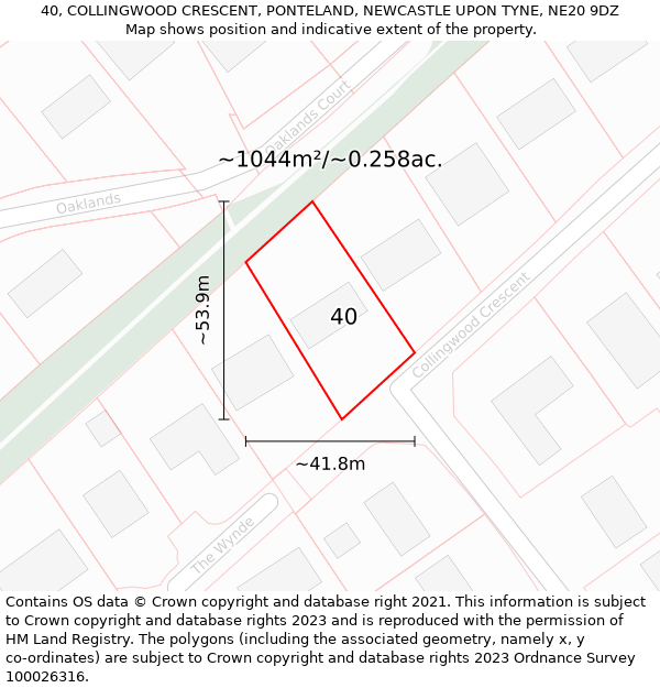 40, COLLINGWOOD CRESCENT, PONTELAND, NEWCASTLE UPON TYNE, NE20 9DZ: Plot and title map