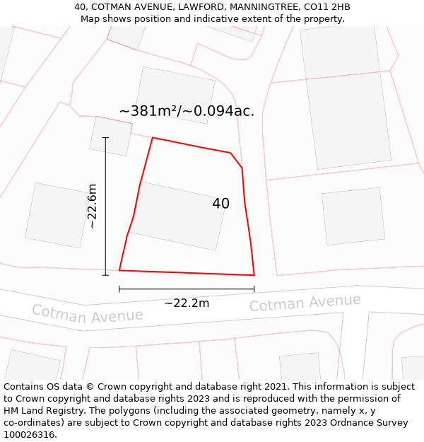 40, COTMAN AVENUE, LAWFORD, MANNINGTREE, CO11 2HB: Plot and title map