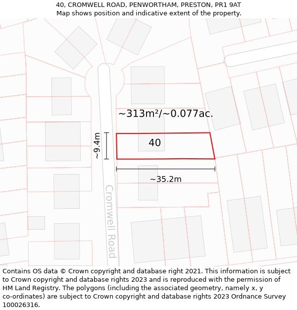 40, CROMWELL ROAD, PENWORTHAM, PRESTON, PR1 9AT: Plot and title map