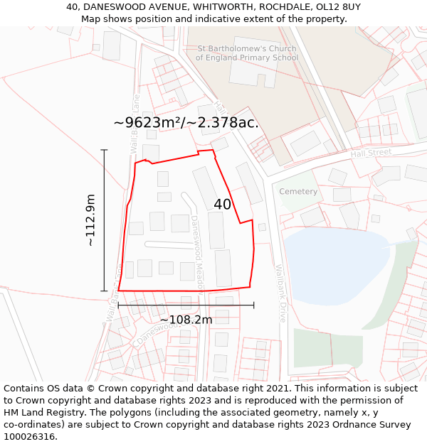 40, DANESWOOD AVENUE, WHITWORTH, ROCHDALE, OL12 8UY: Plot and title map