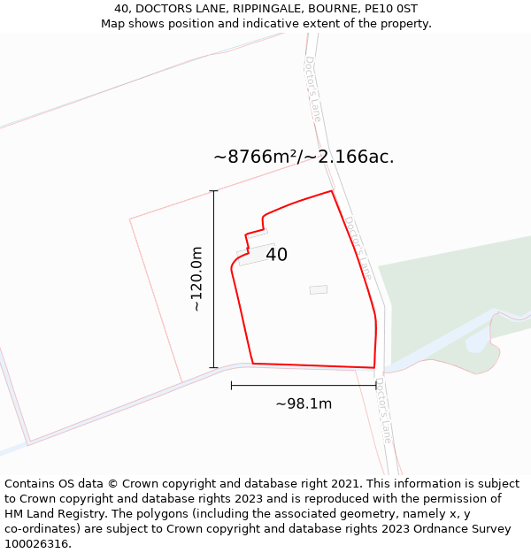 40, DOCTORS LANE, RIPPINGALE, BOURNE, PE10 0ST: Plot and title map