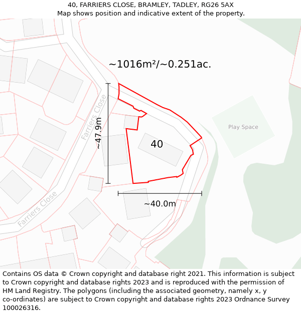 40, FARRIERS CLOSE, BRAMLEY, TADLEY, RG26 5AX: Plot and title map