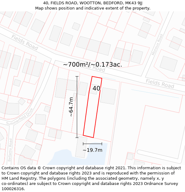 40, FIELDS ROAD, WOOTTON, BEDFORD, MK43 9JJ: Plot and title map