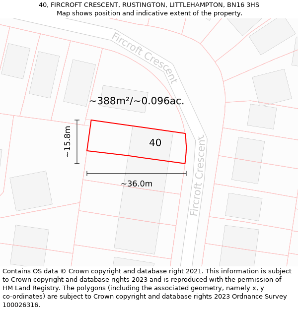 40, FIRCROFT CRESCENT, RUSTINGTON, LITTLEHAMPTON, BN16 3HS: Plot and title map