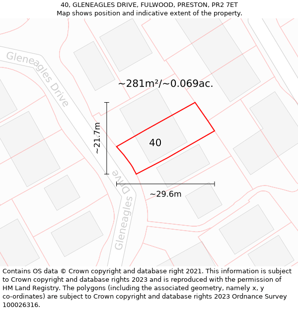 40, GLENEAGLES DRIVE, FULWOOD, PRESTON, PR2 7ET: Plot and title map