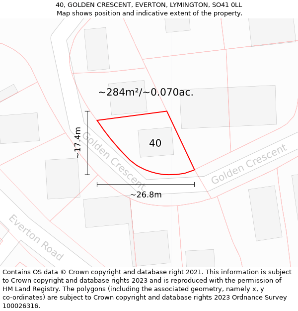 40, GOLDEN CRESCENT, EVERTON, LYMINGTON, SO41 0LL: Plot and title map