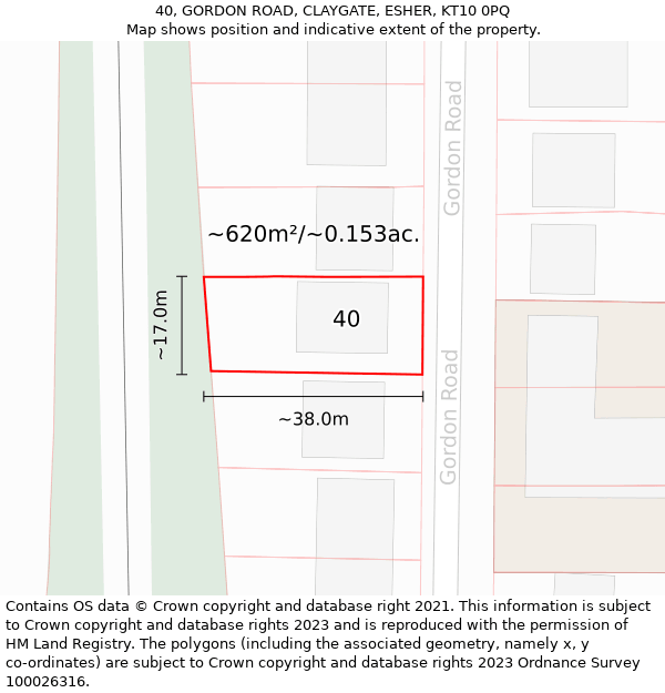 40, GORDON ROAD, CLAYGATE, ESHER, KT10 0PQ: Plot and title map