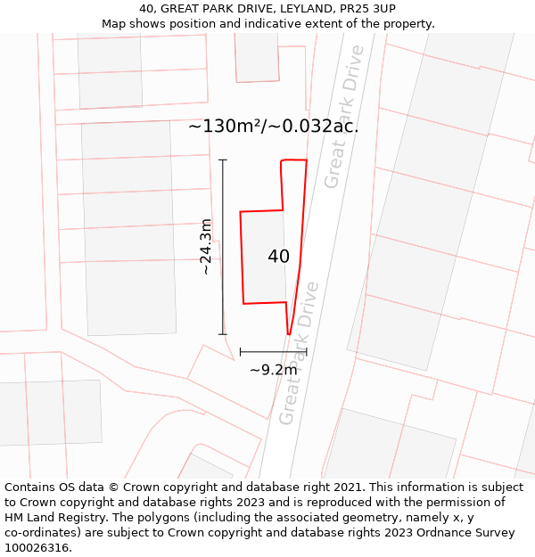 40, GREAT PARK DRIVE, LEYLAND, PR25 3UP: Plot and title map