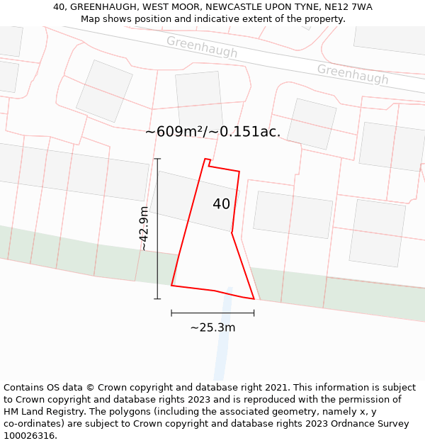 40, GREENHAUGH, WEST MOOR, NEWCASTLE UPON TYNE, NE12 7WA: Plot and title map
