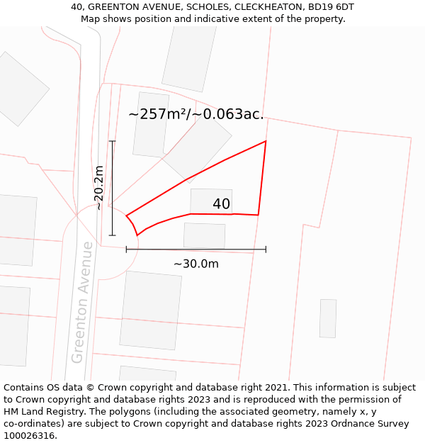 40, GREENTON AVENUE, SCHOLES, CLECKHEATON, BD19 6DT: Plot and title map