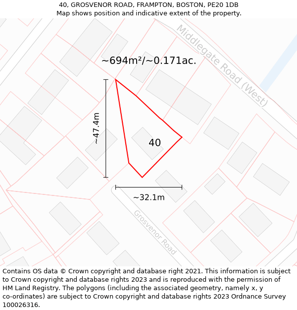 40, GROSVENOR ROAD, FRAMPTON, BOSTON, PE20 1DB: Plot and title map