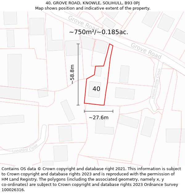 40, GROVE ROAD, KNOWLE, SOLIHULL, B93 0PJ: Plot and title map